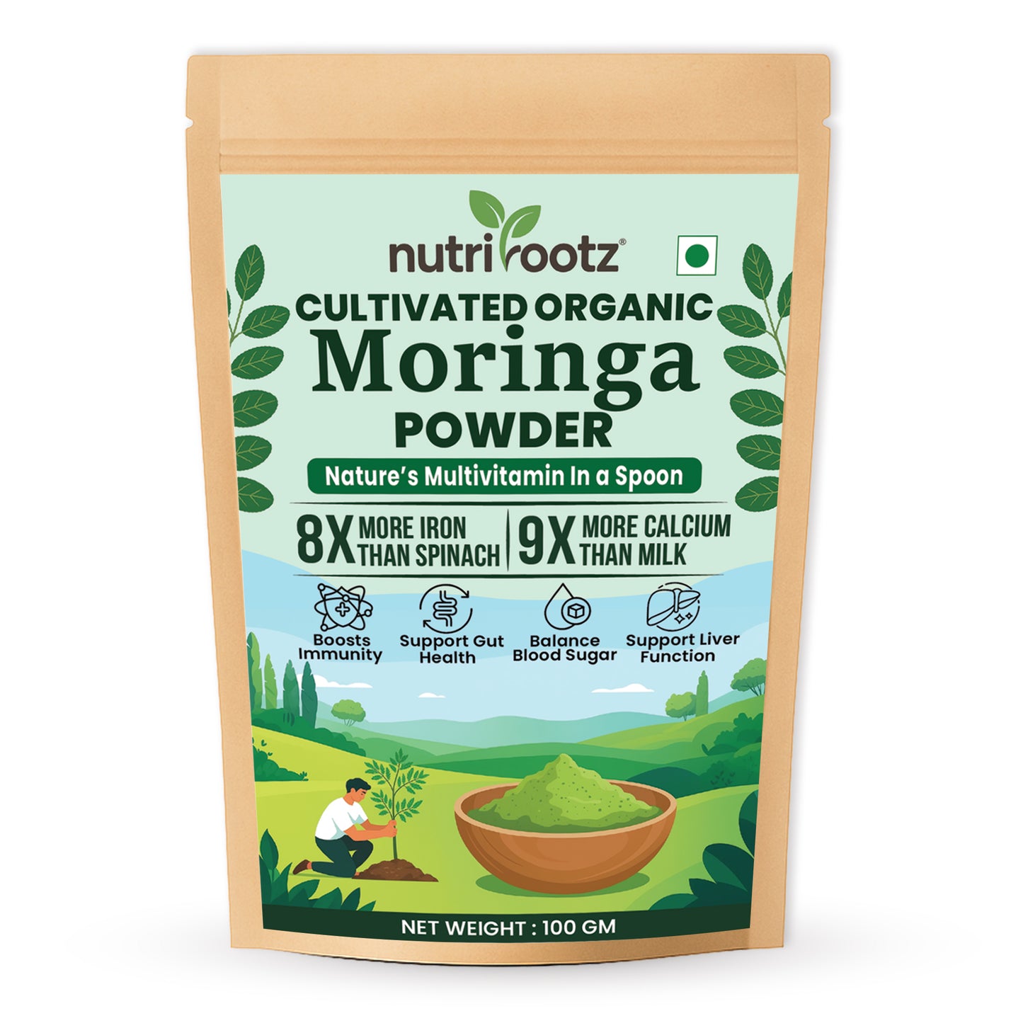 NUTRIROOTZ Organic Moringa Powder 100g | Drumstick Leaves Powder | Rich in Vitamins | Superfood For Immunity, Digestion & Energy | Helps With Weight Loss, Hair & Skin