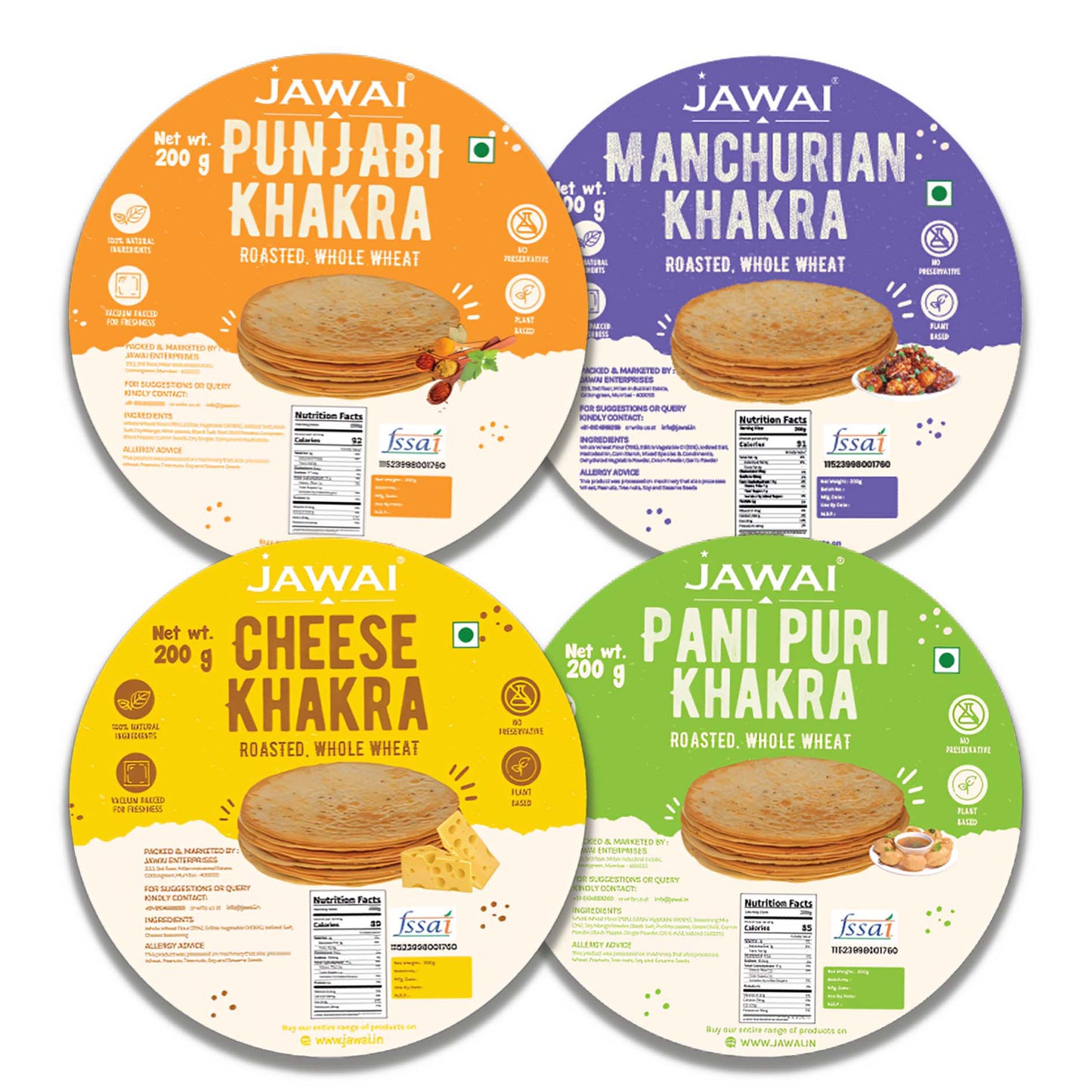 Roasted Whole Wheat Khakra Combo | Punjabi, Manchurian, Cheese, Pani puri|Khakhra| 100% Natural | Pack of 4, 200 gms each | Vaccum packed for Freshness