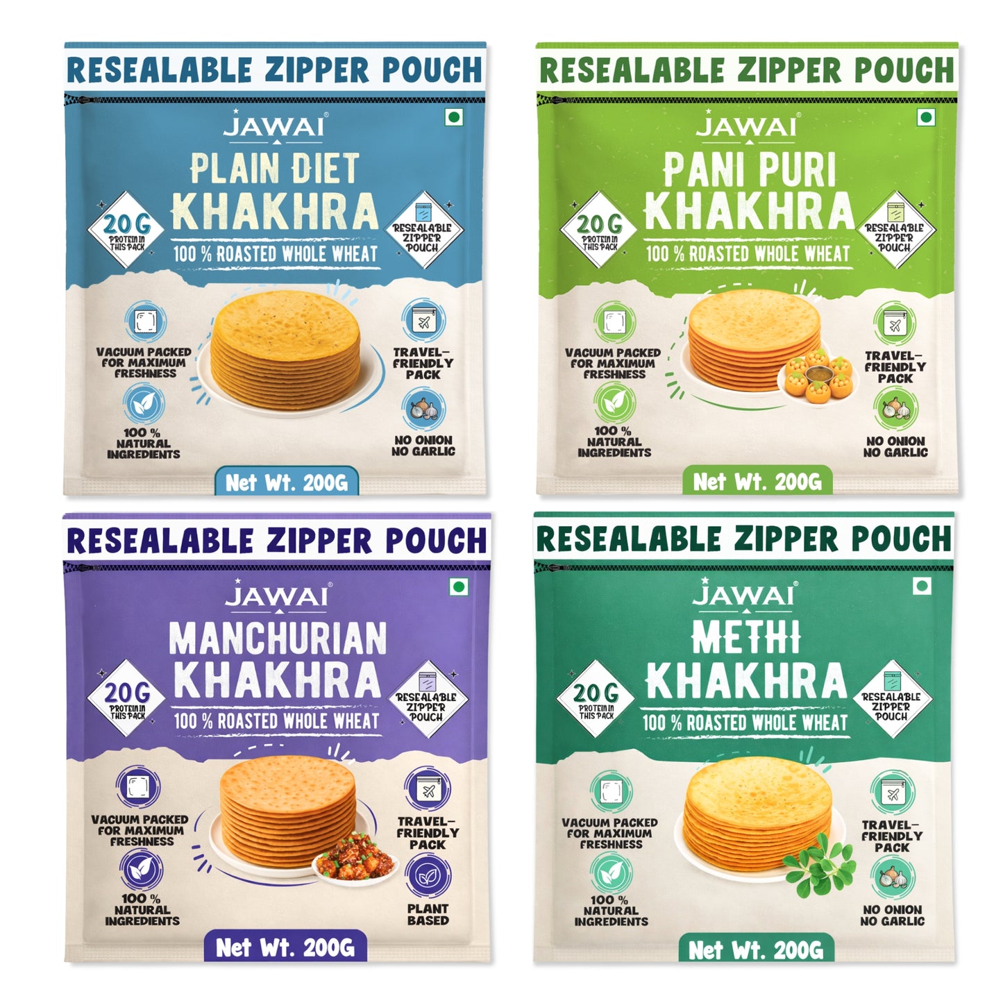 Roasted Whole Wheat Khakra Combo | Plain Diet, Methi, Pani Puri, Manchurian, Masala | 100% Natural | Pack of 4- 200 gms each | Vaccum packed for Freshness