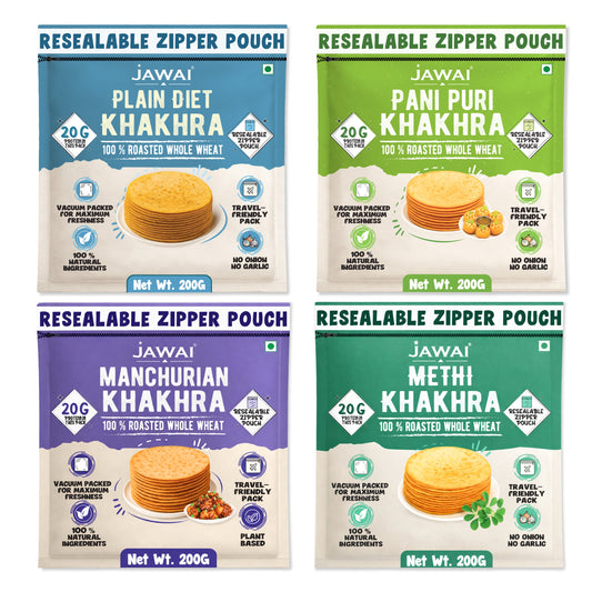 Roasted Whole Wheat Khakra Combo | Plain Diet, Methi, Pani Puri, Manchurian, Masala | 100% Natural | Pack of 4- 200 gms each | Vaccum packed for Freshness