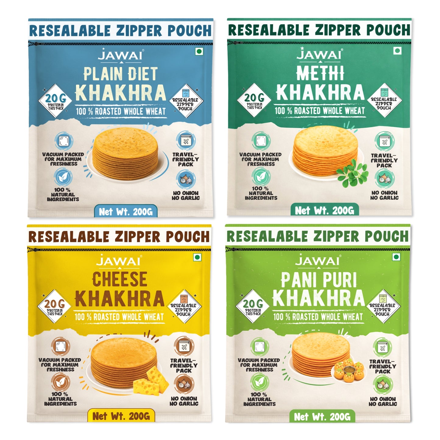 Roasted Whole Wheat Khakra Combo | Methi, Plain Diet, Cheese, Pani Puri | 100% Natural | Pack of 4, 200 gms each | Vaccum packed for Freshness