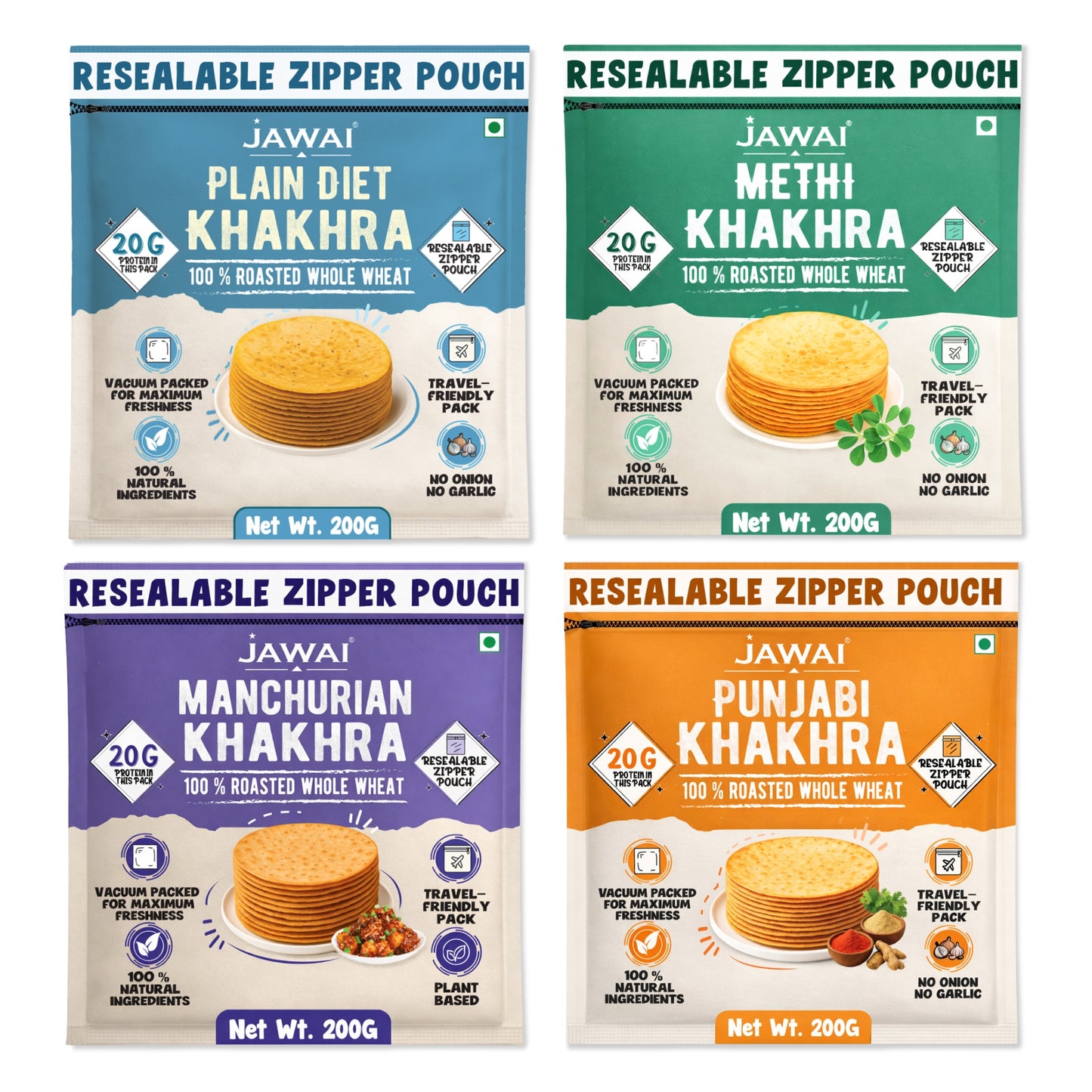 Roasted Whole Wheat Khakra Combo | Methi, Plain Diet, Punjabi, Manchurian | 100% Natural | Pack of 4, 200 gms each | Vaccum packed for Freshness