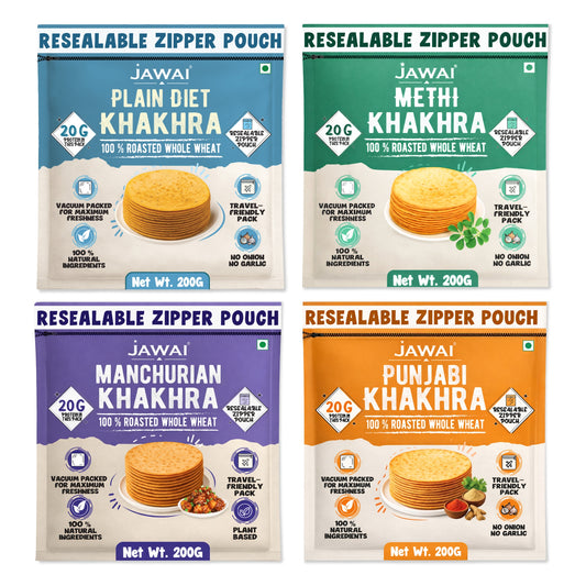 Roasted Whole Wheat Khakra Combo | Methi, Plain Diet, Punjabi, Manchurian | 100% Natural | Pack of 4, 200 gms each | Vaccum packed for Freshness