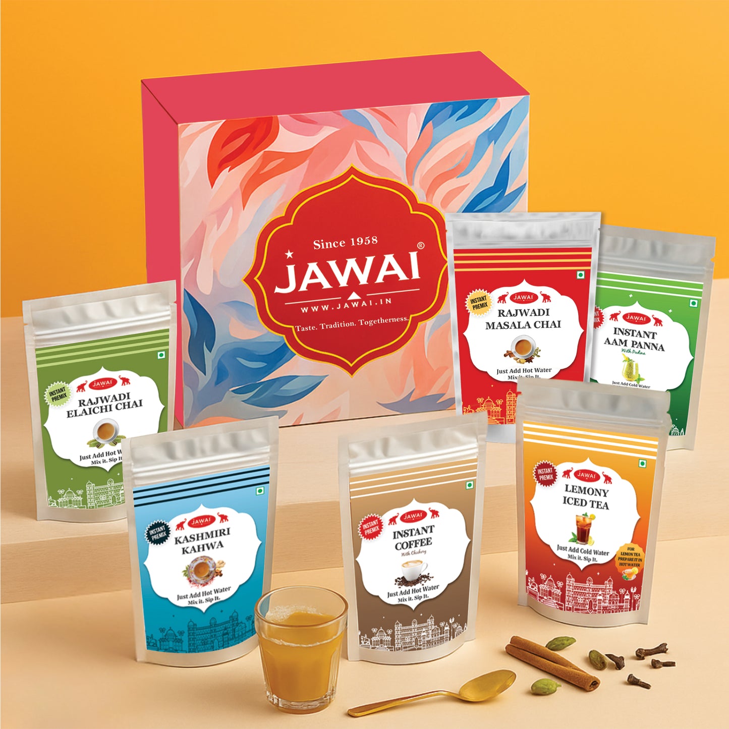 JAWAI Instant Beverage Gift Box Hamper | 6 Premix Pouches in-1 Box– Masala Chai, Elaichi Tea, Instant Coffee, Kashmiri Kahwa, Aam Panna, Lemon Iced Tea | Corporate gift & Personal Gifting