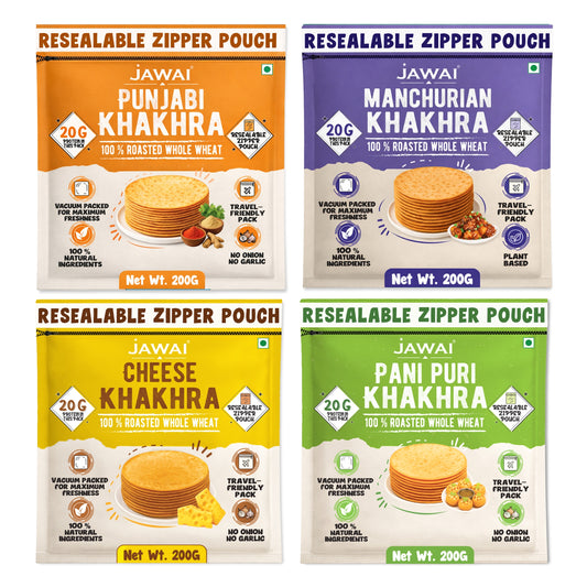 Roasted Whole Wheat Khakra Combo | Punjabi, Manchurian, Cheese, Pani puri|Khakhra| 100% Natural | Pack of 4, 200 gms each | Vaccum packed for Freshness