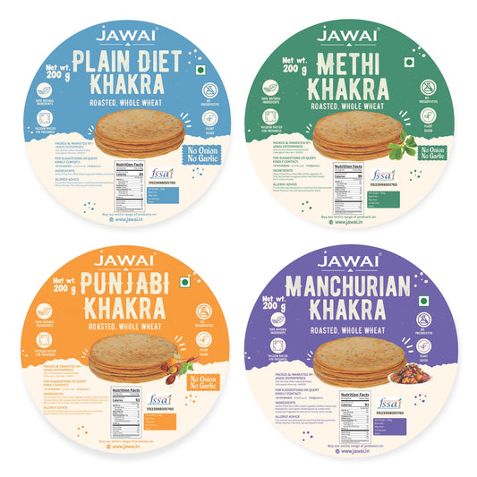 Roasted Whole Wheat Khakra Combo | Methi, Plain Diet, Punjabi, Manchurian | 100% Natural | Pack of 4, 200 gms each | Vaccum packed for Freshness