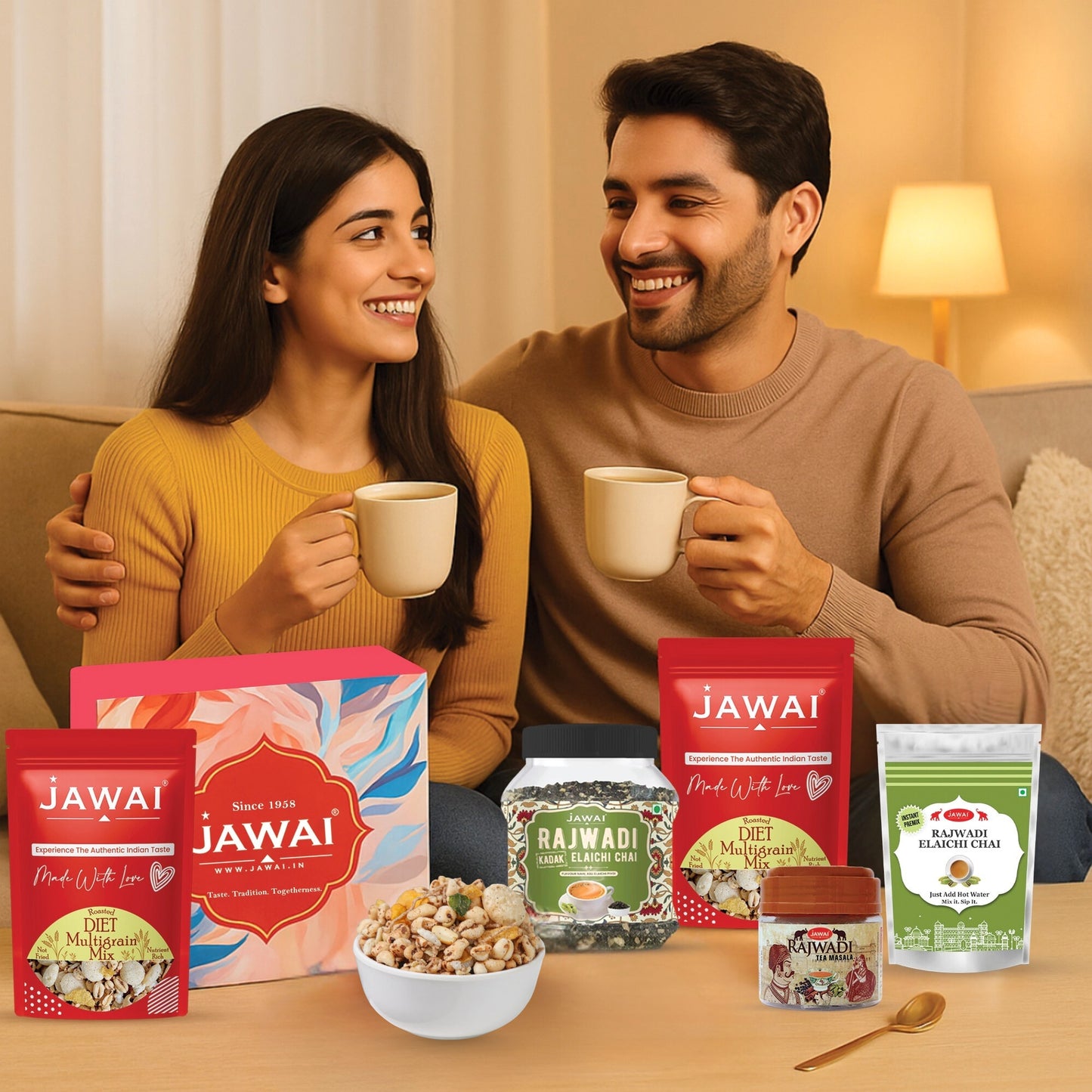 JAWAI Premium Elaichi Chai Gift Box | Festive Tea Hamper Set | Best Gifting Option | Diwali Gift Hamper | Corporate Gifts | Gourmet Snacks - Tea Gift Box (Elaichi Chai Gift Hamper)