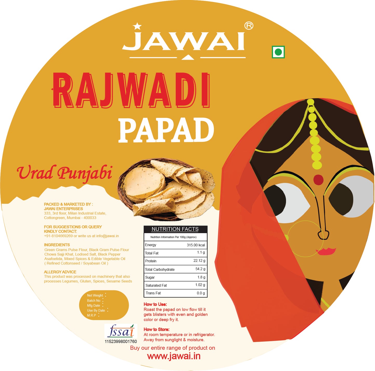 Jawai Urad Punjabi Papad | Protein Rich Masala Papad | 100% Natural | Handmade Papad | Rich Rajasthani Flavor | Zipper Packaging | Pack of 4 -100g Each