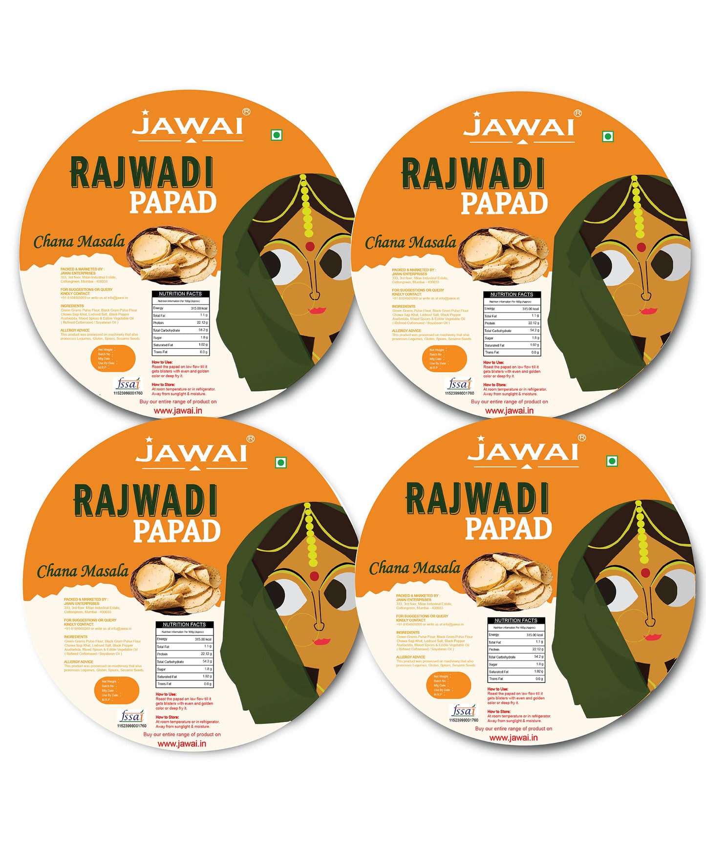 Jawai Chana Masala Papad | Protein Rich Masala Papad | 100% Natural | Handmade Papad | Spicy Papad | Rajasthani Flavor | Zipper Packaging | Pack of 4-100g Each