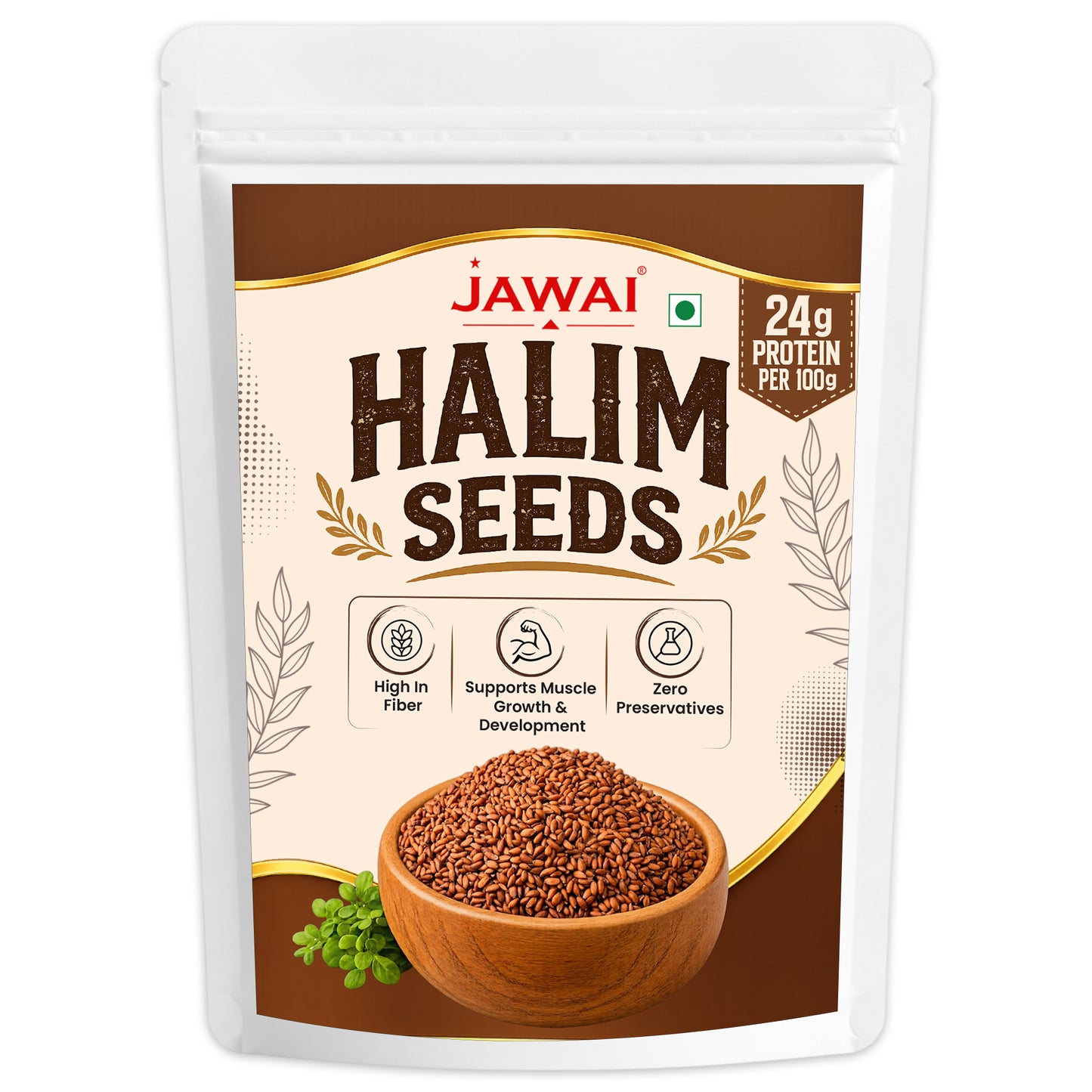 jawai halim seeds in a white stand-up pouch with a brown and beige label, showing a bowl of brown flax seeds and green sprouts on the front.