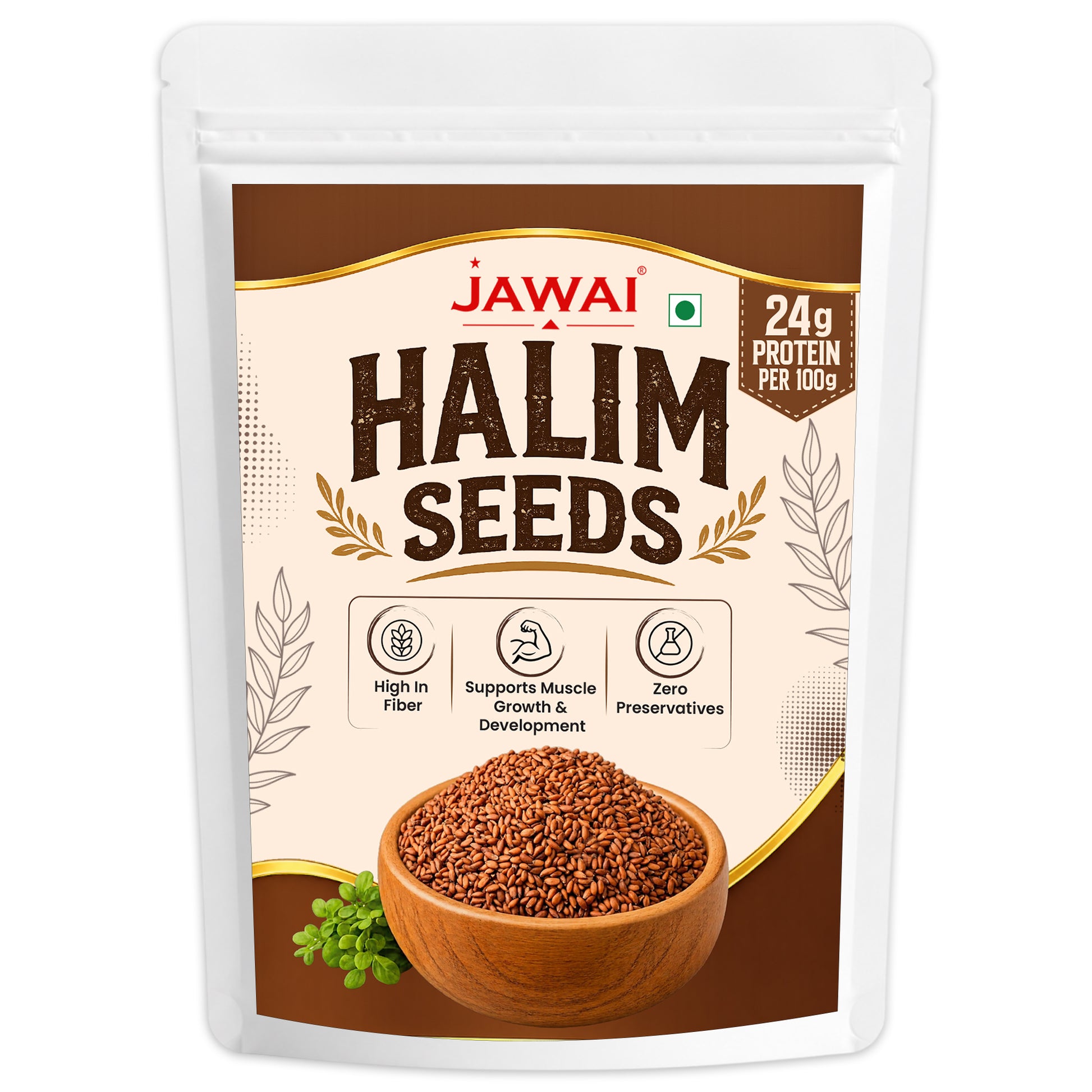 jawai halim seeds in a white stand-up pouch with a brown and beige label, showing a bowl of brown flax seeds and green sprouts on the front.