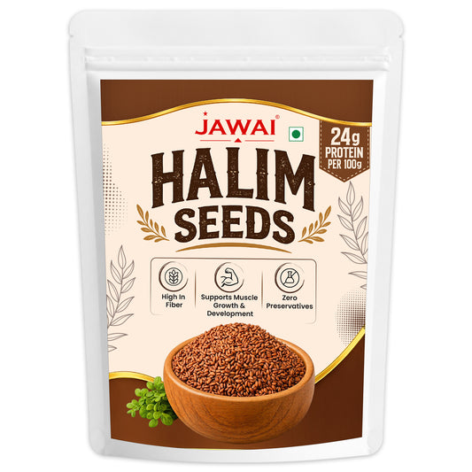 jawai halim seeds in a white stand-up pouch with a brown and beige label, showing a bowl of brown flax seeds and green sprouts on the front.