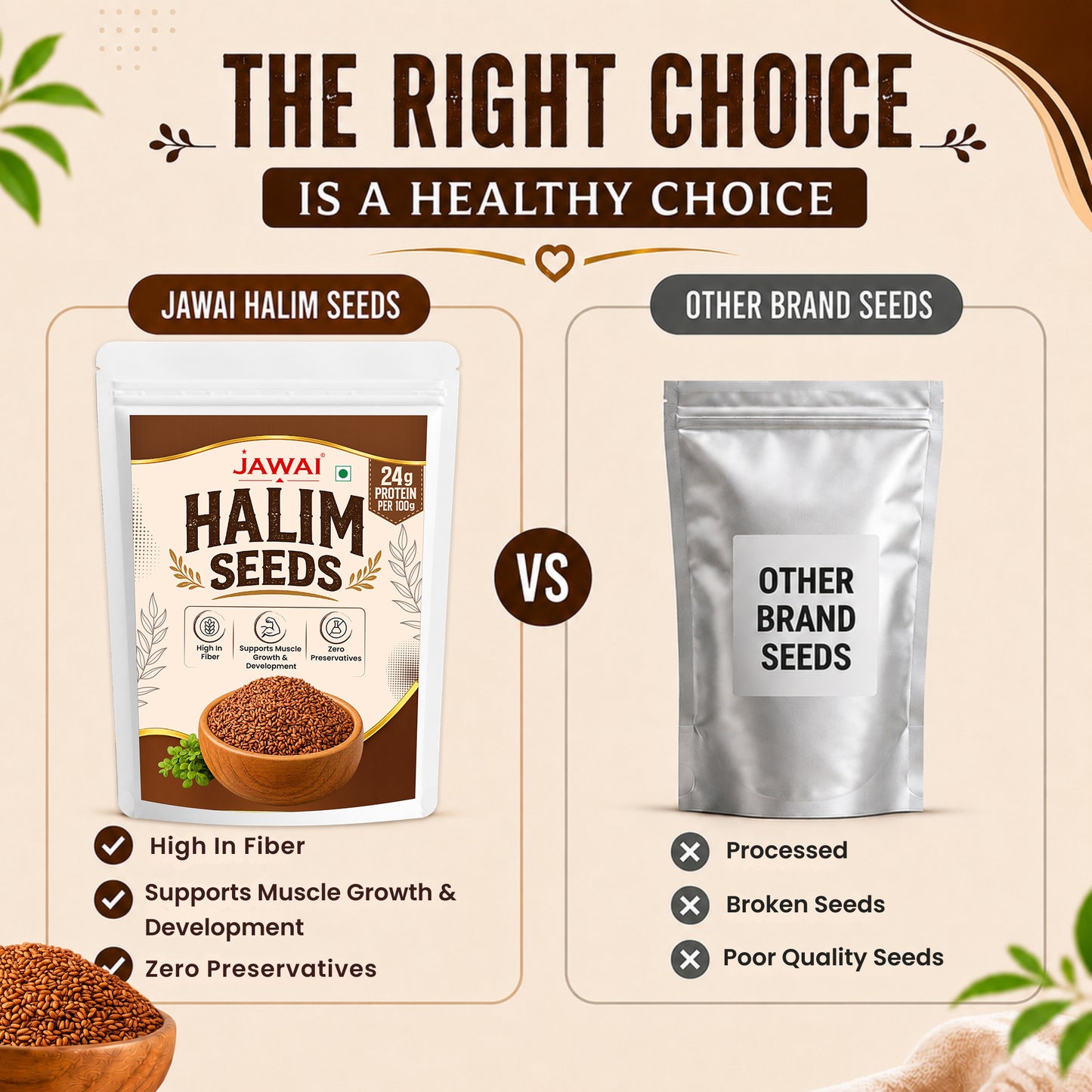 Promotional comparison graphic for Jawai Halim Seeds versus generic 'Other Brand Seeds'. The left side shows the branded stand-up pouch with text highlighting high fiber, muscle support, and zero preservatives.