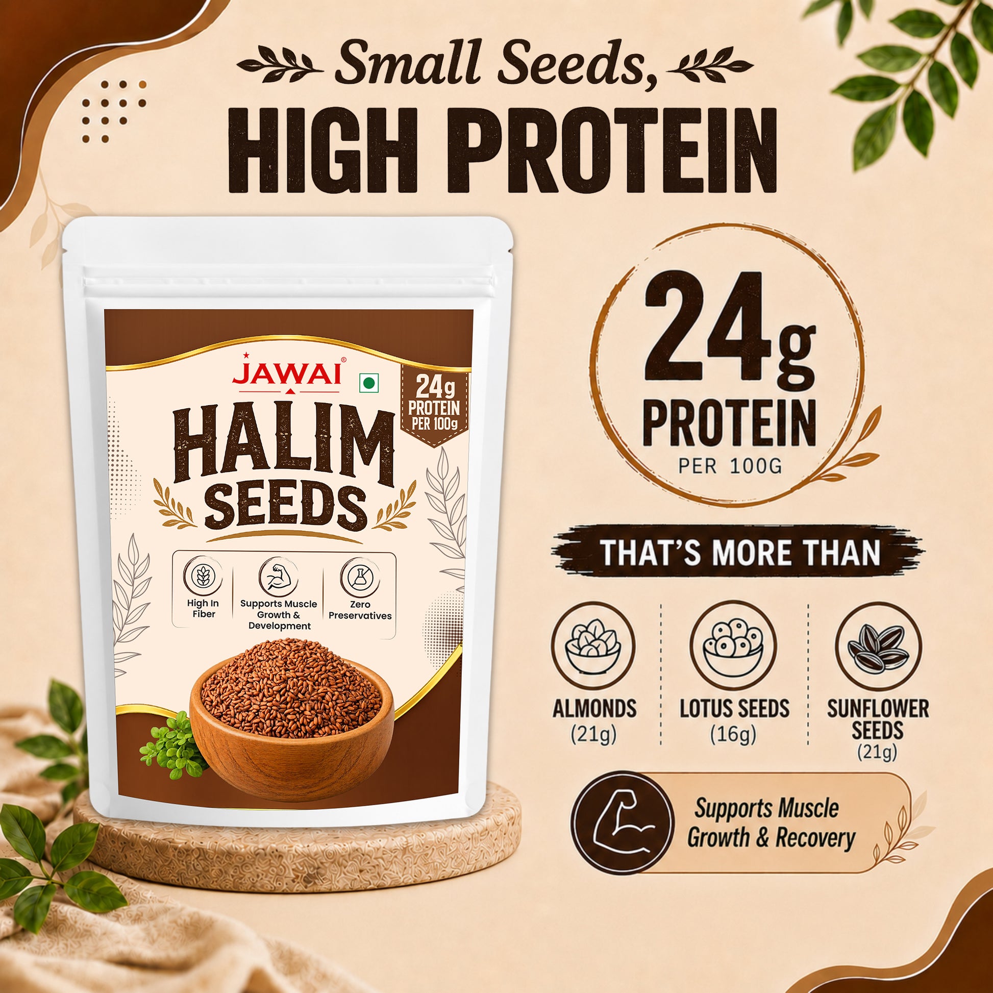 Jawai Halim Seeds protein seeds pouch on a beige background with decorative leaves and text highlighting high protein content and comparison to almonds, lotus seeds, and sunflower seeds.