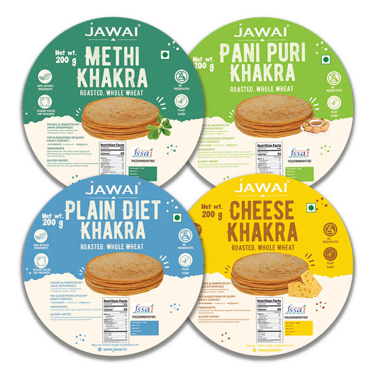 Roasted Whole Wheat Khakra Combo | Methi, Plain Diet, Cheese, Pani Puri | 100% Natural | Pack of 4, 200 gms each | Vaccum packed for Freshness