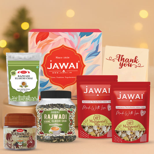 JAWAI Premium Elaichi Chai Gift Box | Festive Tea Hamper Set | Best Gifting Option | Diwali Gift Hamper | Corporate Gifts | Gourmet Snacks - Tea Gift Box (Elaichi Chai Gift Hamper)