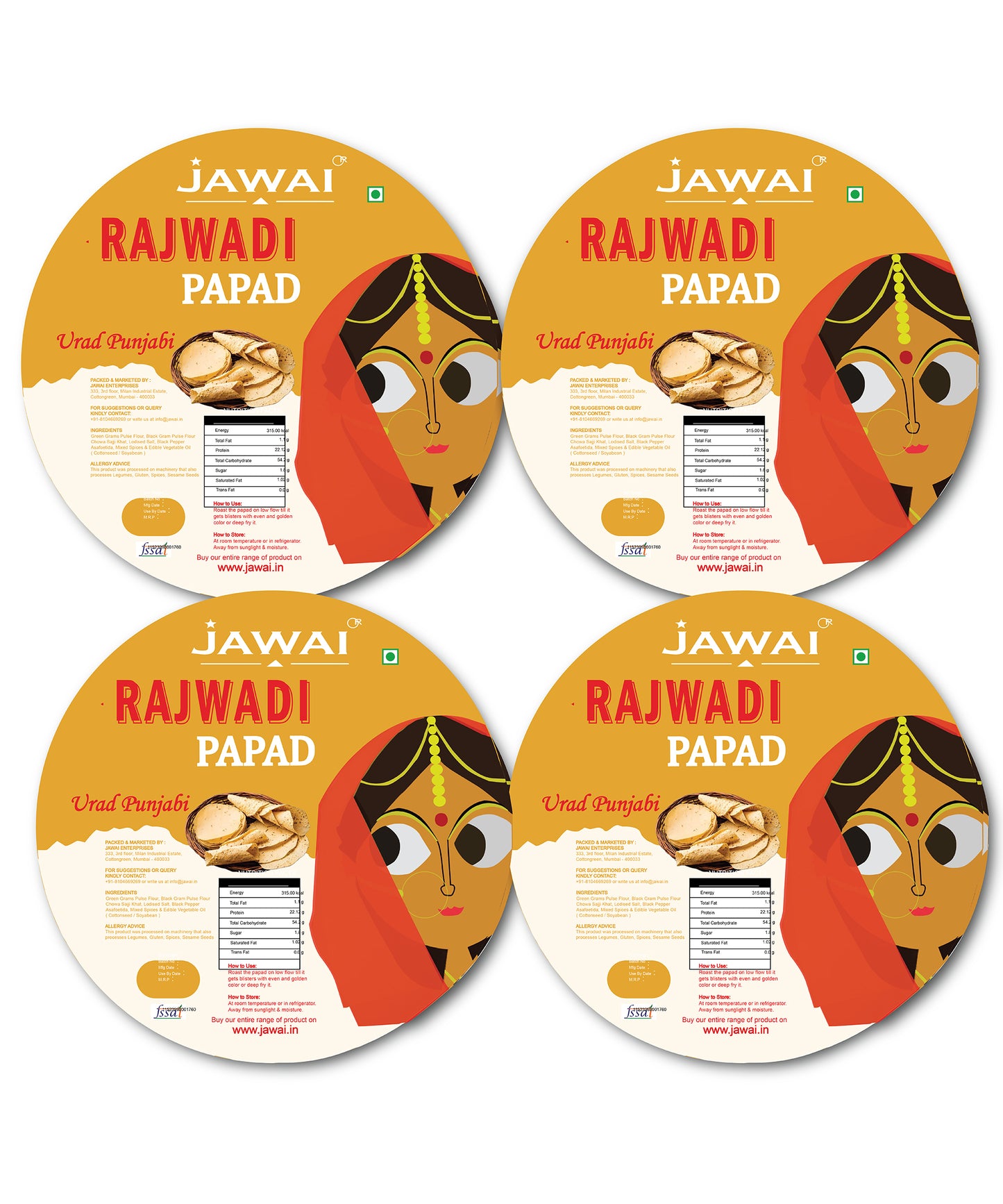 Jawai Urad Punjabi Papad | Protein Rich Masala Papad | 100% Natural | Handmade Papad | Rich Rajasthani Flavor | Zipper Packaging | Pack of 4 -100g Each